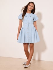Lipsy Light Wash Blue Denim Puff Sleeve Diamonte Dress (5-16yrs) - Image 3 of 4