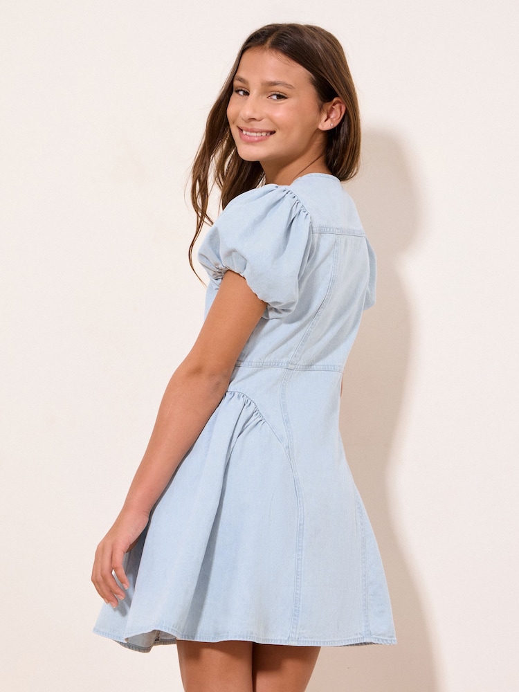 Lipsy Light Wash Blue Denim Puff Sleeve Diamonte Dress (5-16yrs) - Image 4 of 4