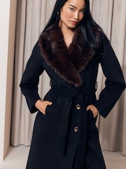 Noir - Lipsy Fur Collar Longline Belted Coat - Image 1 de 5