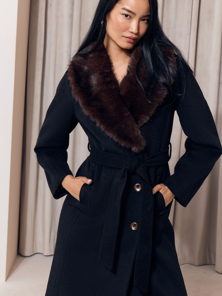 Noir - Lipsy Fur Collar Longline Belted Coat - Image 1 de 5