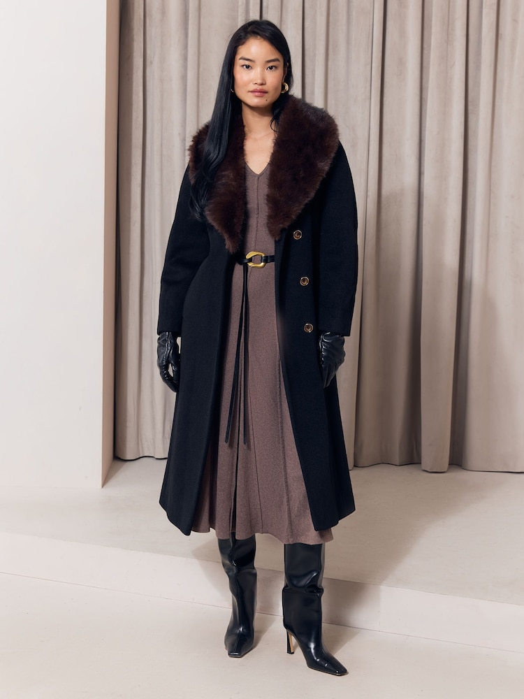 Noir - Lipsy Fur Collar Longline Belted Coat - Image 2 de 5