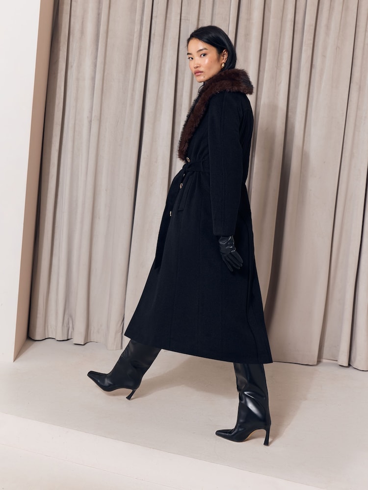 Noir - Lipsy Fur Collar Longline Belted Coat - Image 5 de 5