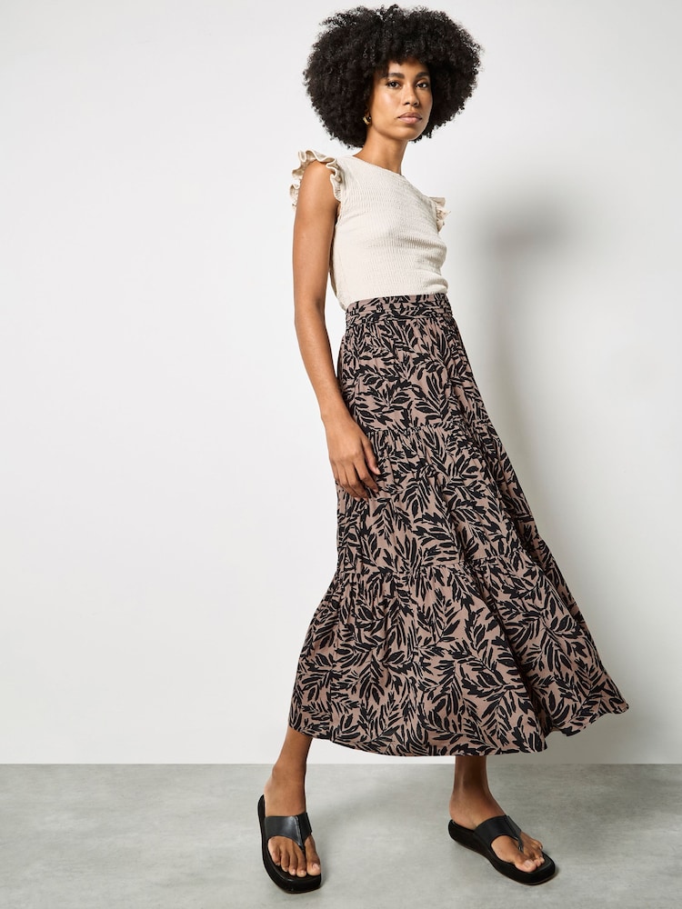 Apricot Brown Leaf Print Tiered Midi Skirt - Image 1 of 5 Apricot Brown Leaf Print Tiered Midi Skirt - Image 1 of 5