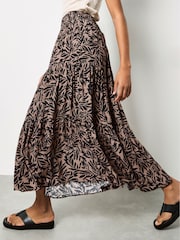 Apricot Brown Leaf Print Tiered Midi Skirt - Image 2 of 5
