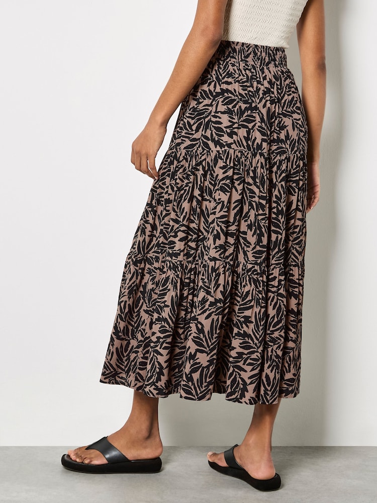 Apricot Brown Leaf Print Tiered Midi Skirt - Image 5 of 5 Apricot Brown Leaf Print Tiered Midi Skirt - Image 5 of 5