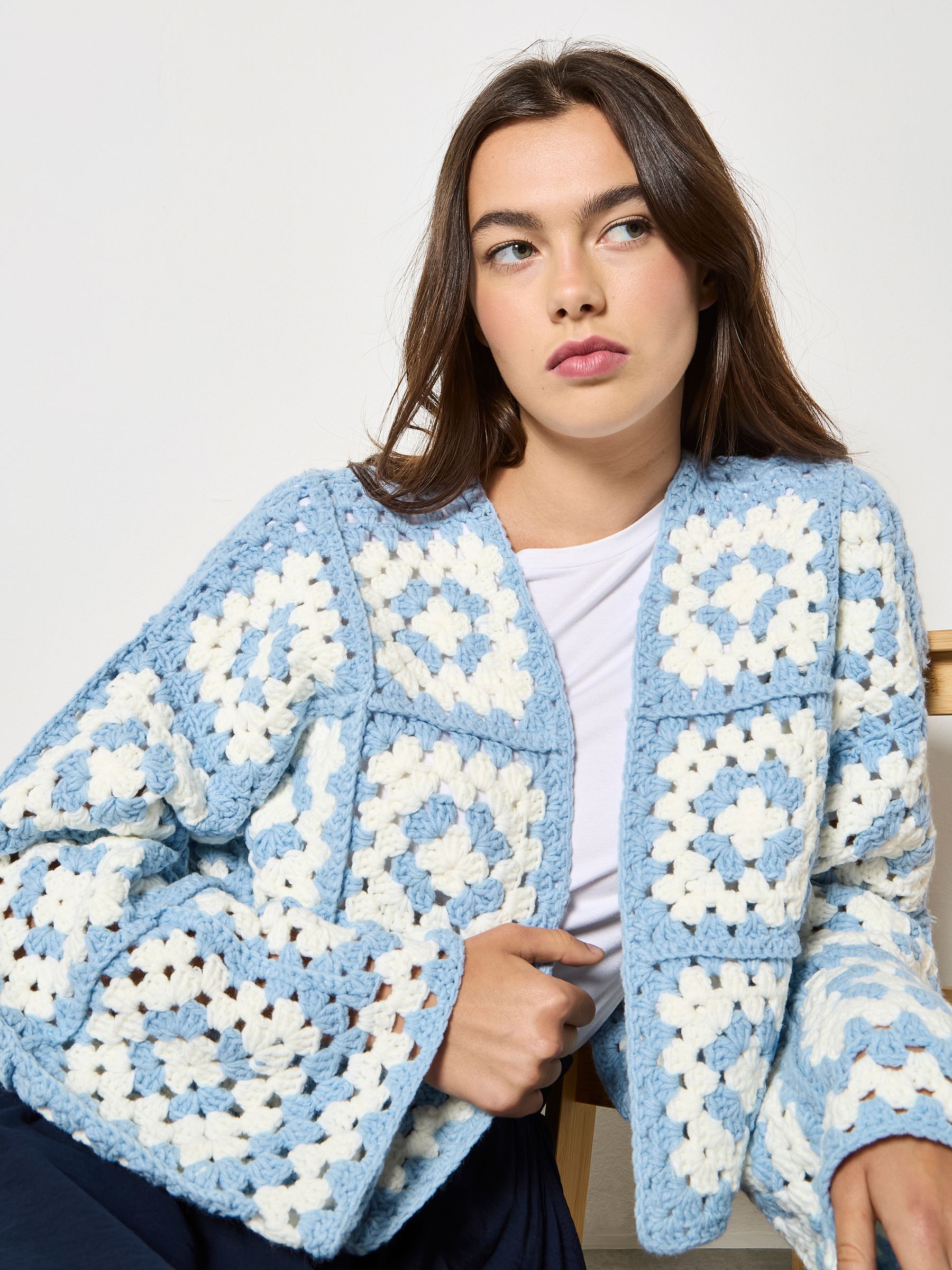 Buy Apricot Blue Hand-Knit Crochet Squares Cardigan from the Next