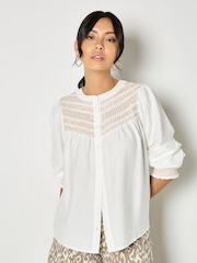 Apricot White Wavy Embroidered Smocked Blouse - Image 1 of 4
