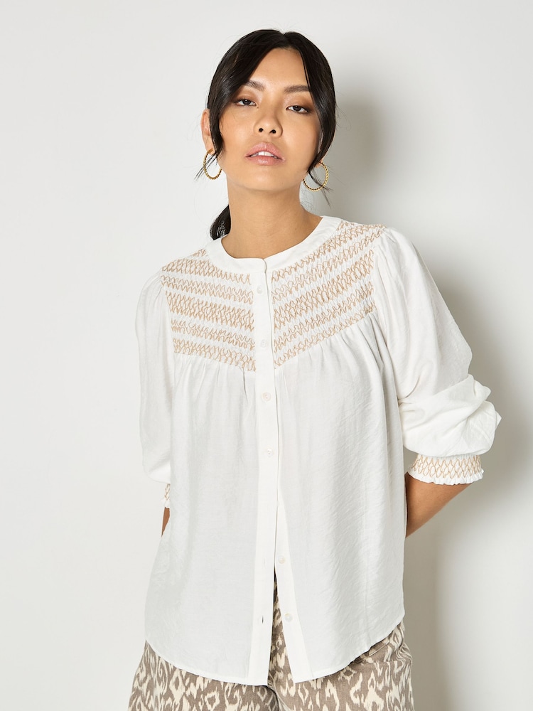 Apricot White Wavy Embroidered Smocked Blouse - Image 1 of 4