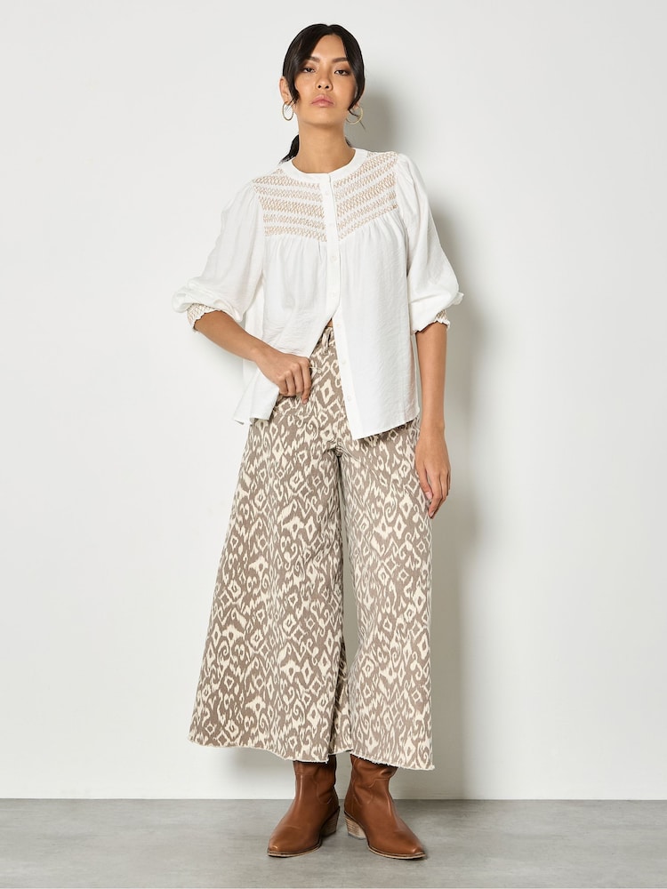 Apricot White Wavy Embroidered Smocked Blouse - Image 2 of 4