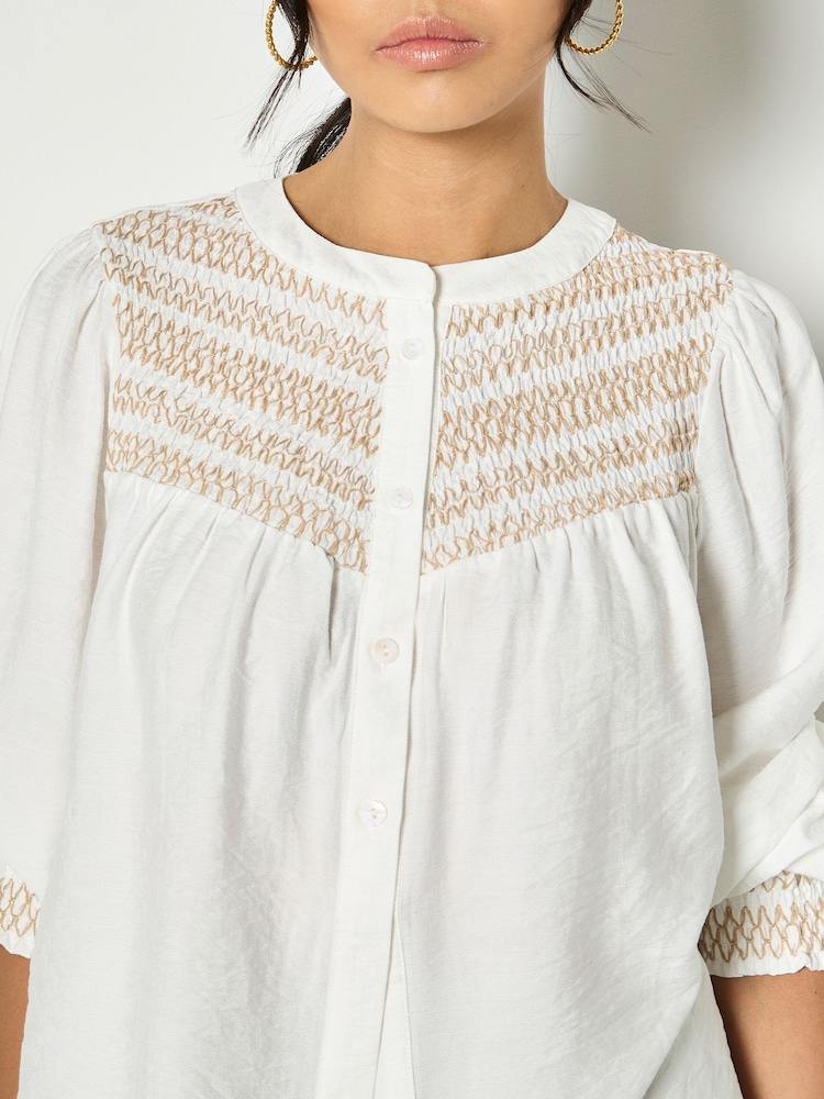 Apricot White Wavy Embroidered Smocked Blouse - Image 4 of 4