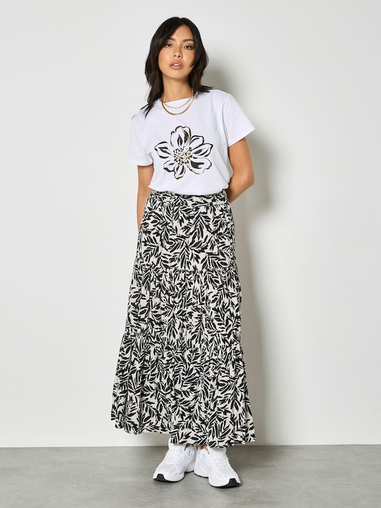 Apricot Cream Leaf Print Tiered Midi Skirt - Image 4 of 4 Apricot Cream Leaf Print Tiered Midi Skirt - Image 4 of 4