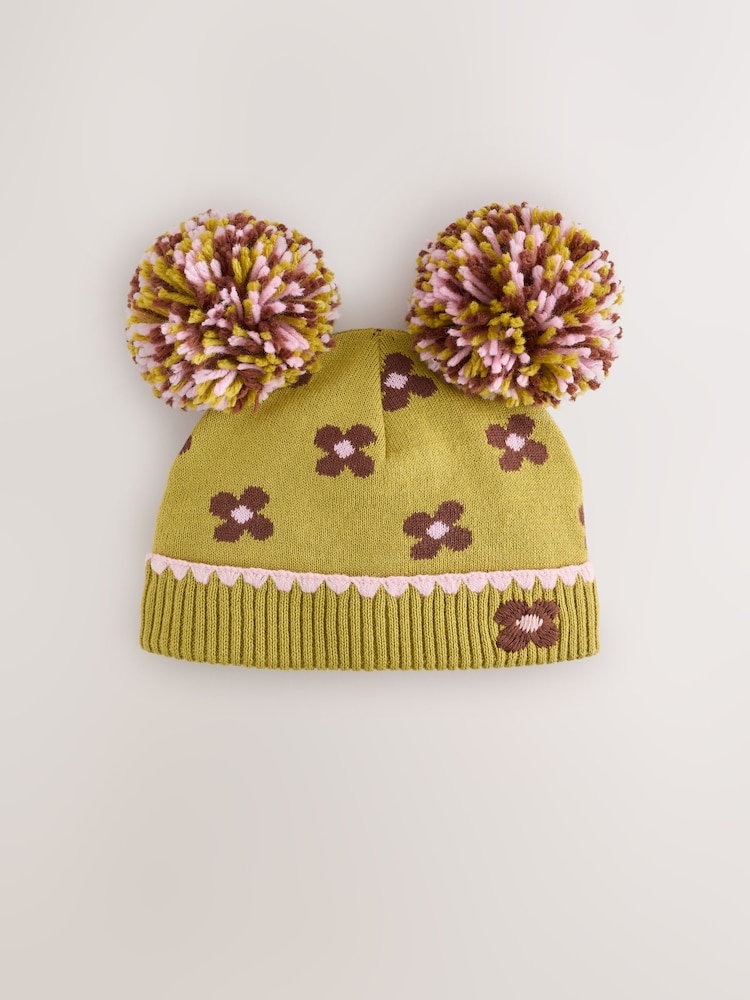 綠色軟花卉 - Double Pom Baby Beanie - 圖片 1，共 3