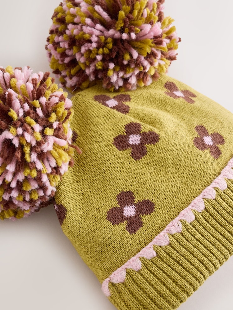 綠色軟花卉 - Double Pom Baby Beanie - 圖片 2，共 3