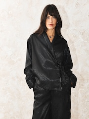 Rockett St George Black Animal Print Jacquard Satin Tie Side Pyjamas Set - Image 4 of 9