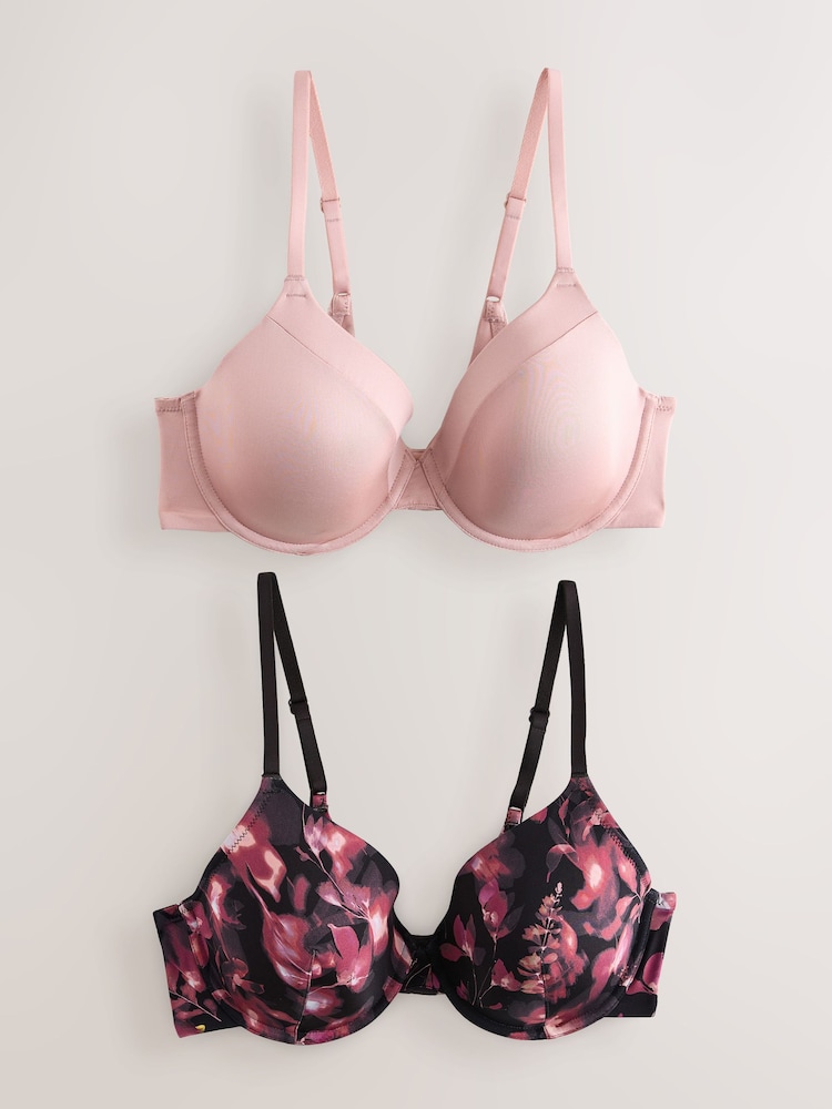 Black Print/Pink Full Cup A-E Smoothing Ultimate Comfort Bras 2 Pack - Image 1 of 5 Black Print/Pink Full Cup A-E Smoothing Ultimate Comfort Bras 2 Pack - Image 1 of 5