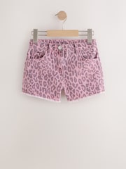 Pink Leopard Animal Print Regular Length Frayed Edge Denim Shorts (3-16yrs) - Image 1 of 5