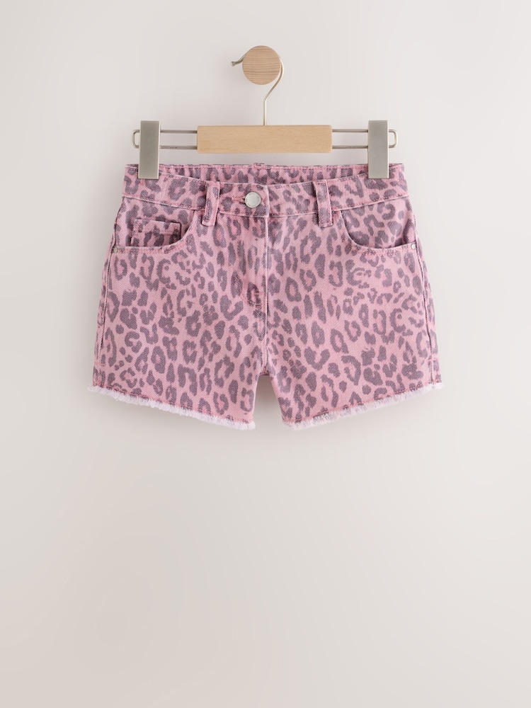 Pink Leopard Animal Print Regular Length Frayed Edge Denim Shorts (3-16yrs) - Image 1 of 5