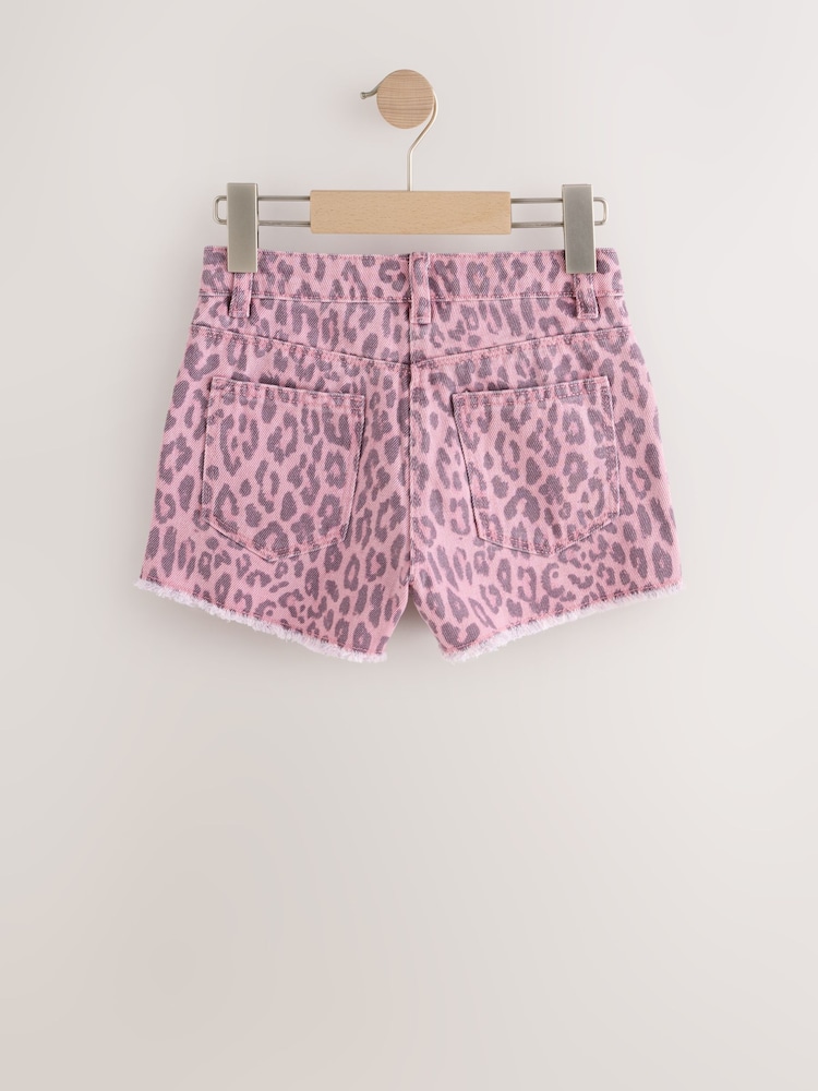 Pink Leopard Animal Print Regular Length Frayed Edge Denim Shorts (3-16yrs) - Image 2 of 5