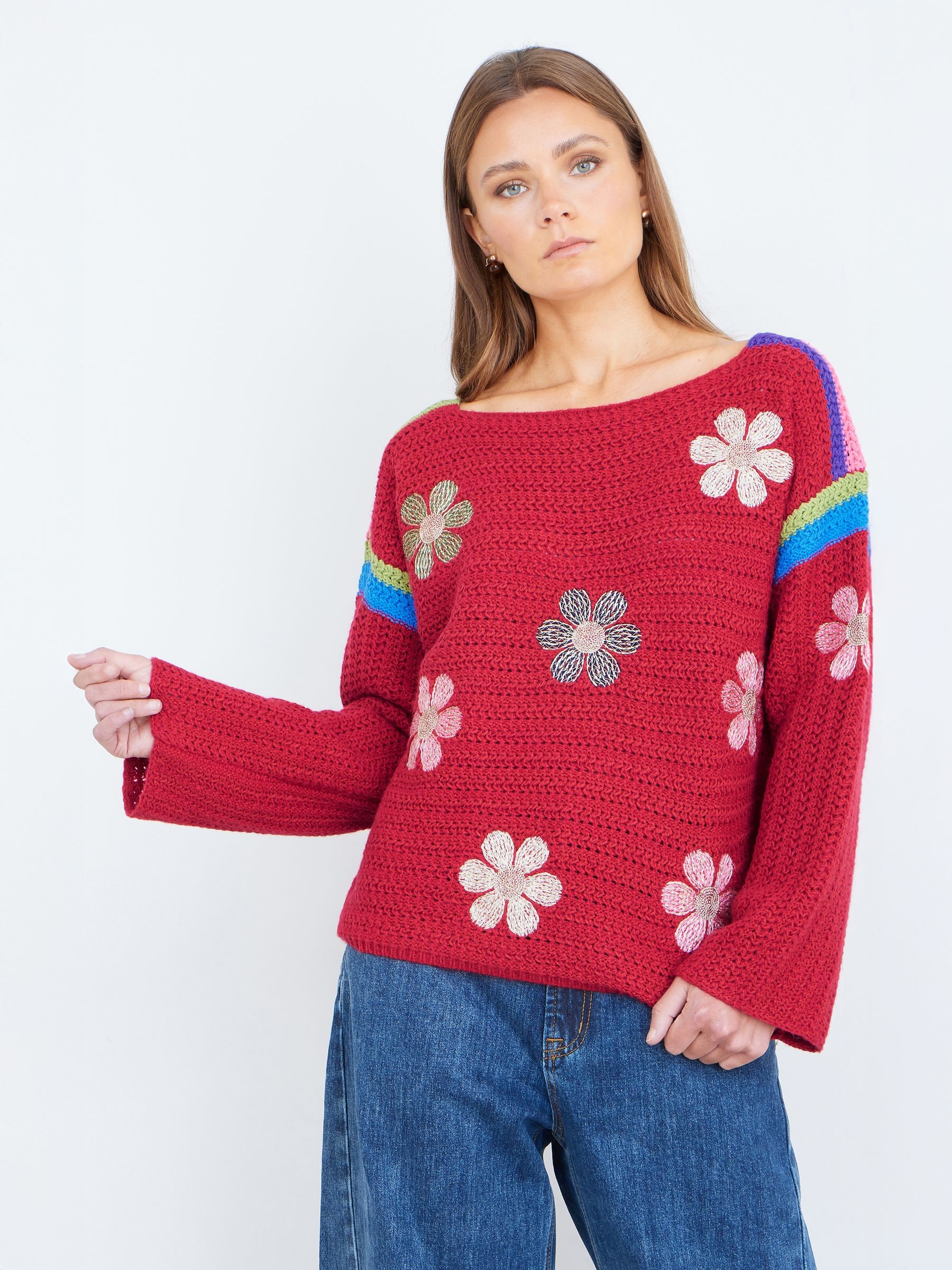 Yumi Women's Red Crochet Flower Jumper | : Large - Image 2