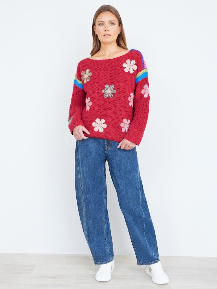 أحمر - كنزة Yumi حبك بنقشة زهور - صورة 2 من 5 أحمر - كنزة Yumi حبك بنقشة زهور - صورة 2 من 5