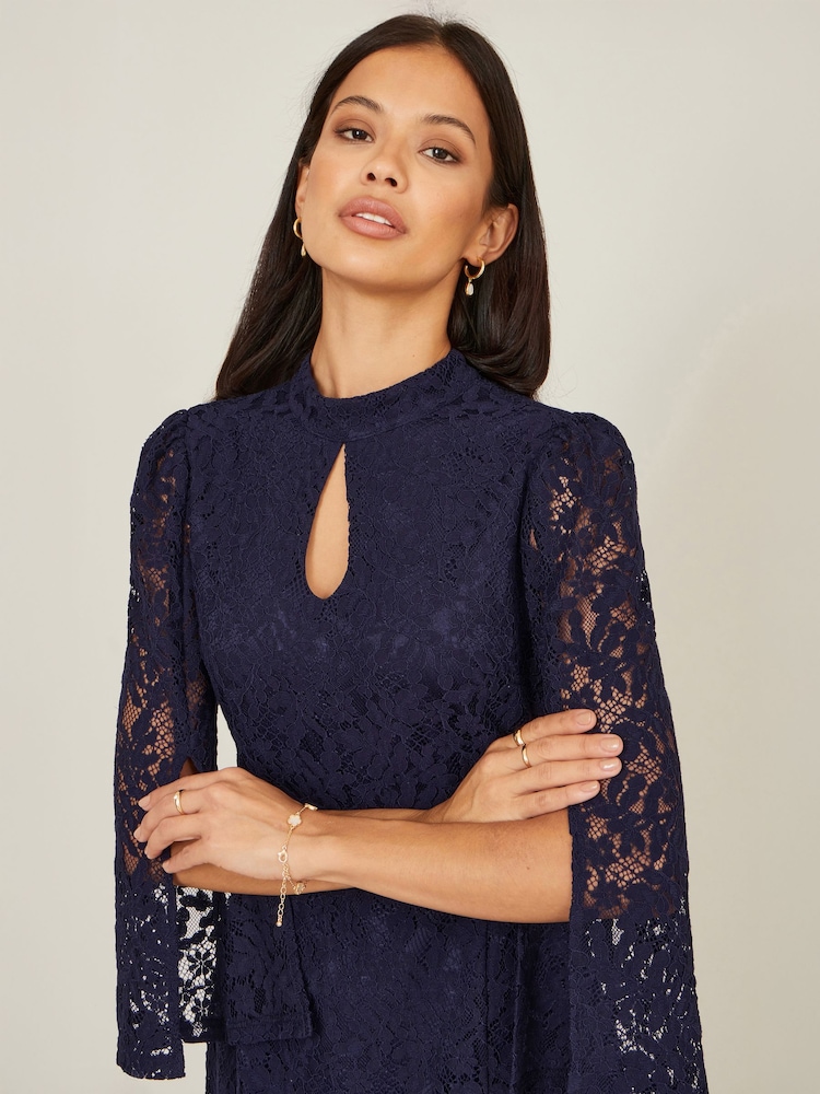 Yumi Navy Lace Fitted Midi Dress with Flute Sleeves - Navy / 12