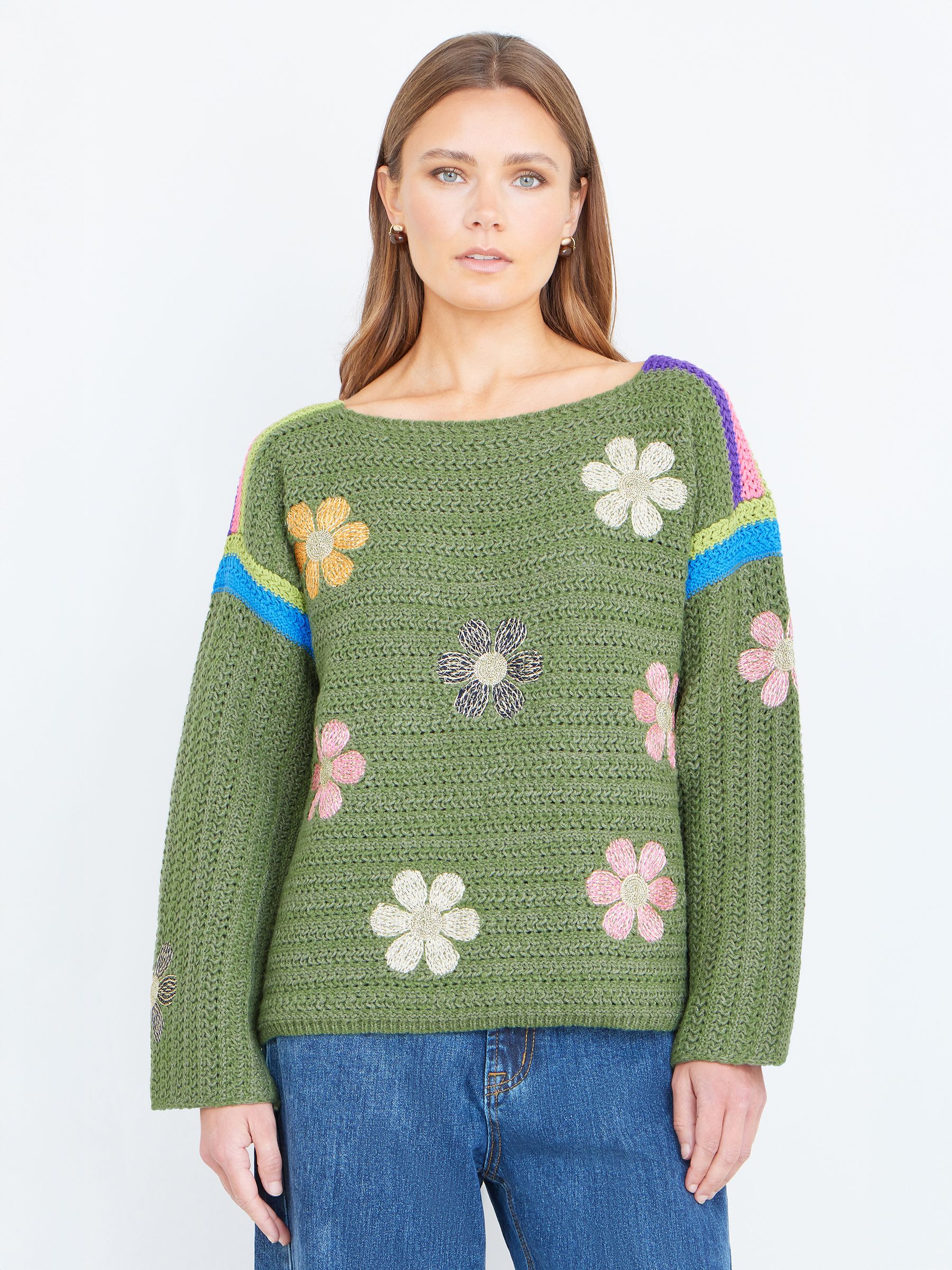 Yumi Women's Green Crochet Flower Jumper | Size: Large - Image 2