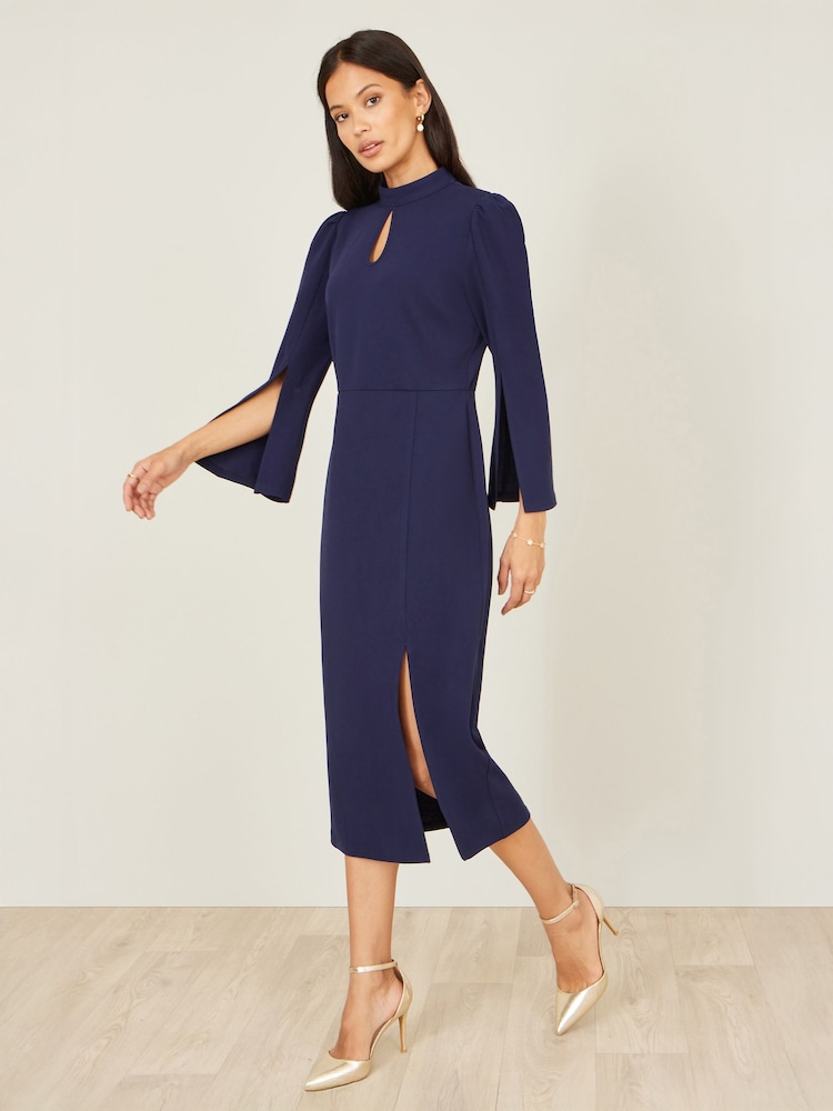 fitted blue midi dress Blue Crepe Fitted Midi Dress With Bow And Beaded Trim
