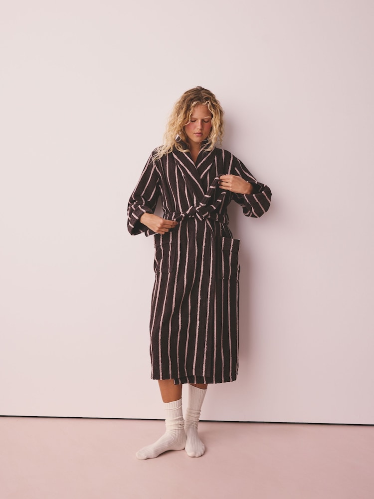 Chocolate Brown/Pink Stripe Towelling Dressing Gown - Image 1 of 6 Chocolate Brown/Pink Stripe Towelling Dressing Gown - Image 1 of 6