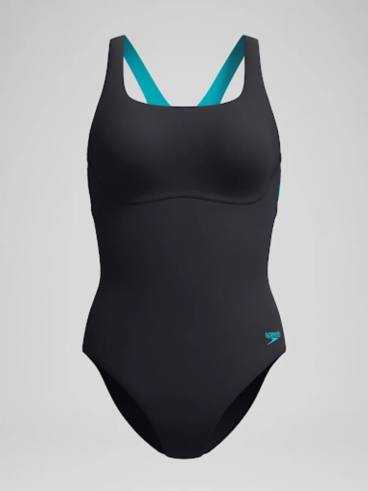 Speedo Black Solid Flex Band One Piece Swimsuit - Image 1 of 4 Speedo Black Solid Flex Band One Piece Swimsuit - Image 1 of 4