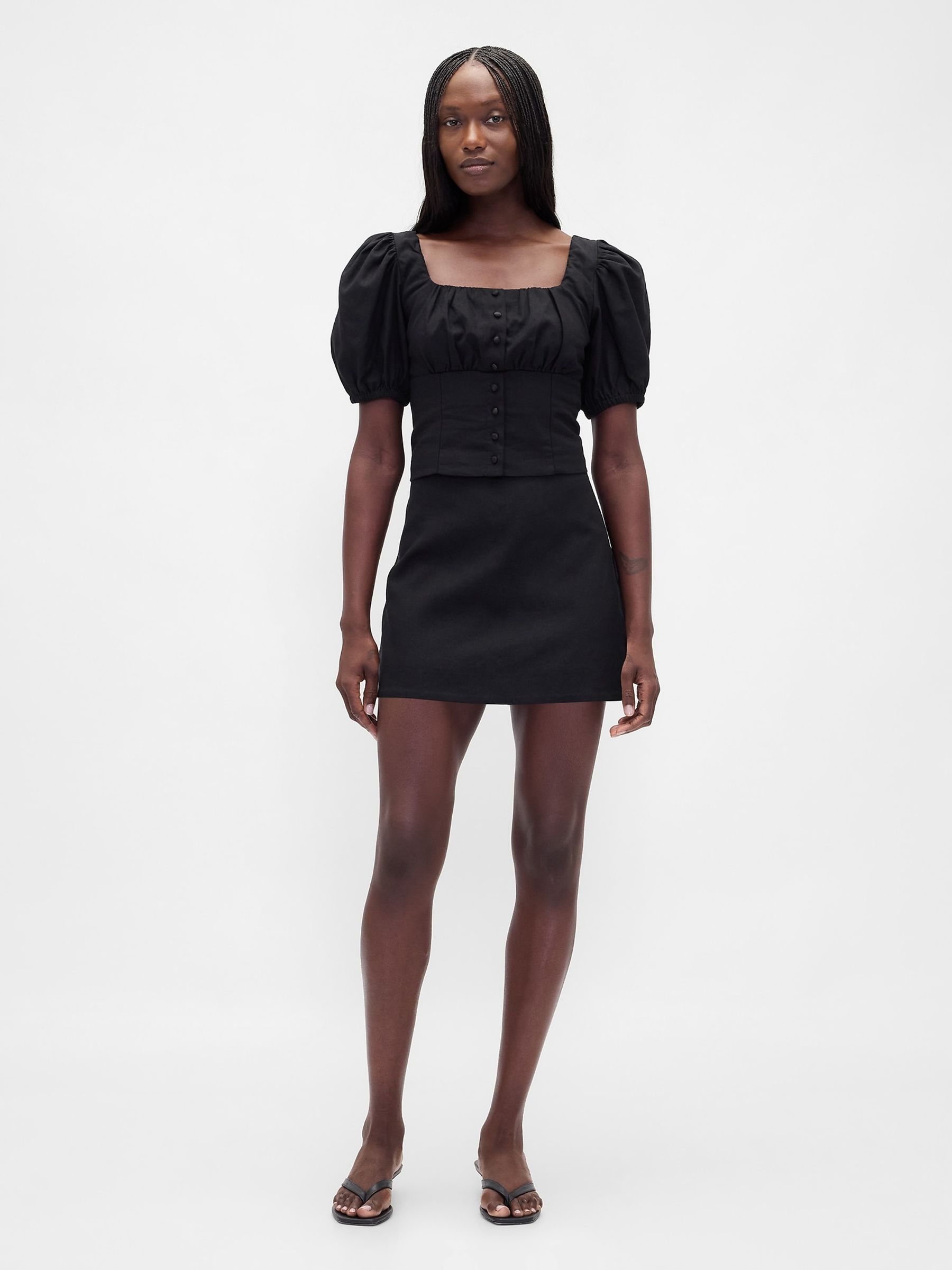 Buy Gap Black Linen Blend Puff Sleeve Crop Corset Top from the