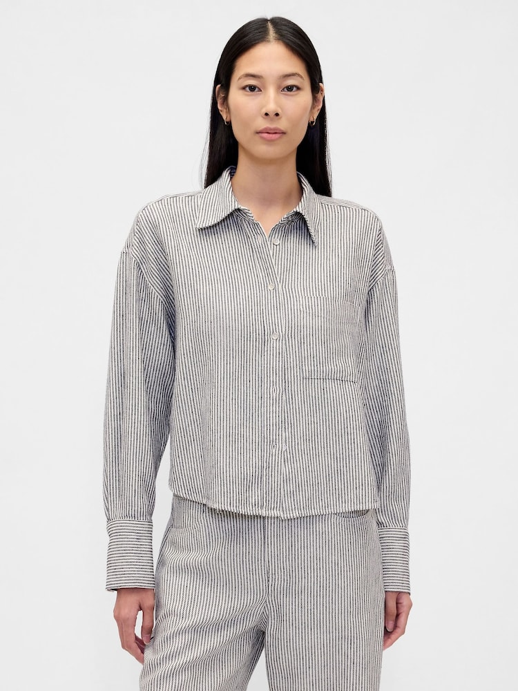 Gap White Stripe Linen-Cotton Oversized Shirt - Image 1 of 4 Gap White Stripe Linen-Cotton Oversized Shirt - Image 1 of 4