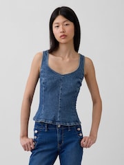 Gap Medium Wash Denim Fitted Peplum Top - Image 1 of 5
