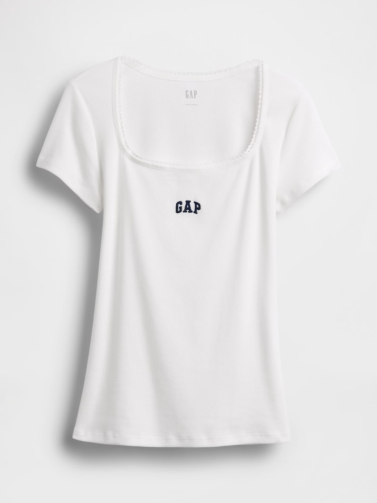 Gap White Ribbed Logo Scoop neck Top - Image 5 of 5