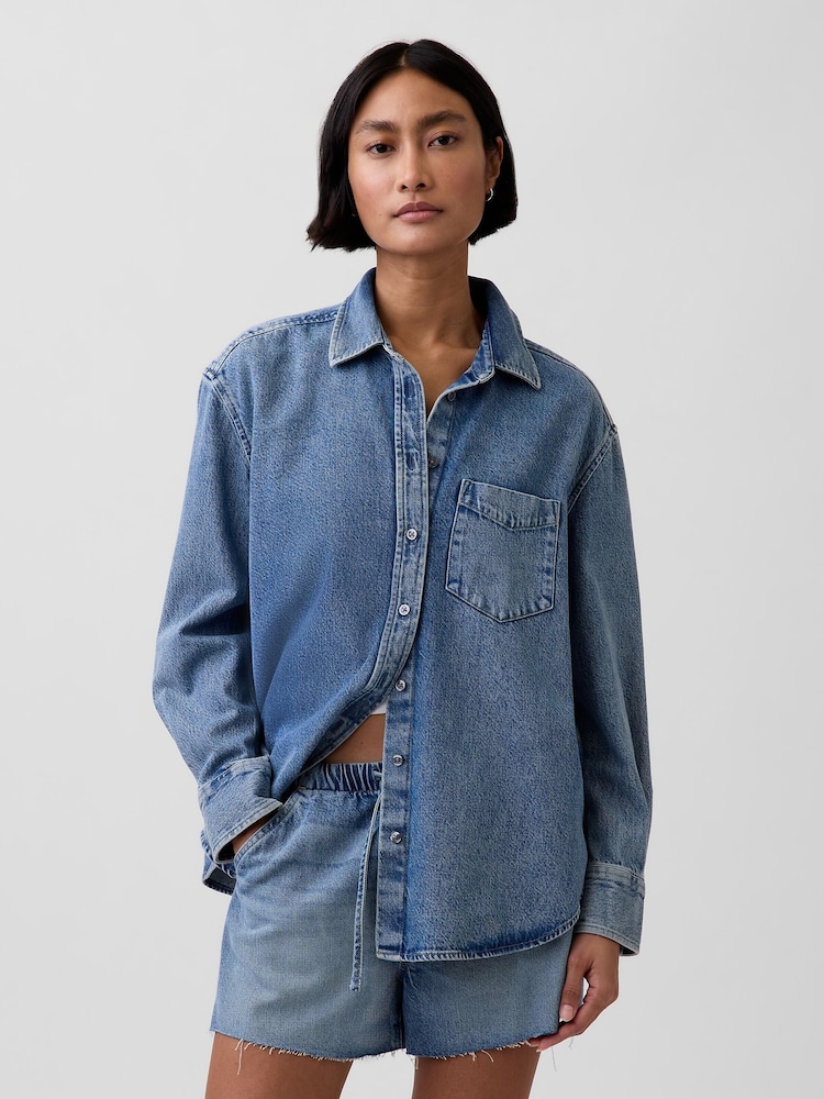 Gap Medium wash UltraSoft Denim Oversized Shirt - Image 1 of 4