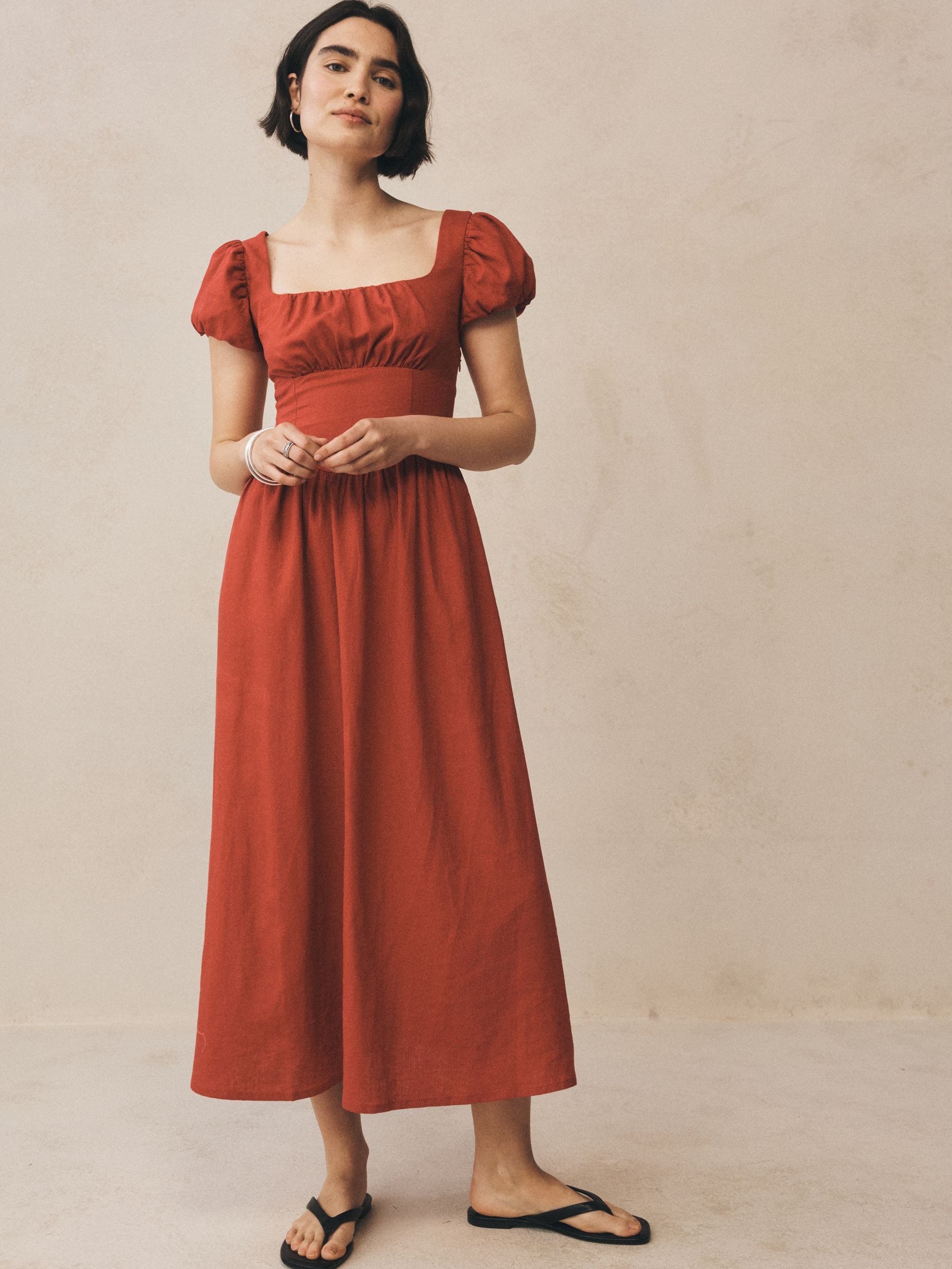 Buy Gap Red Linen Blend Puff Sleeve Drop-Waist Maxi Dress from
