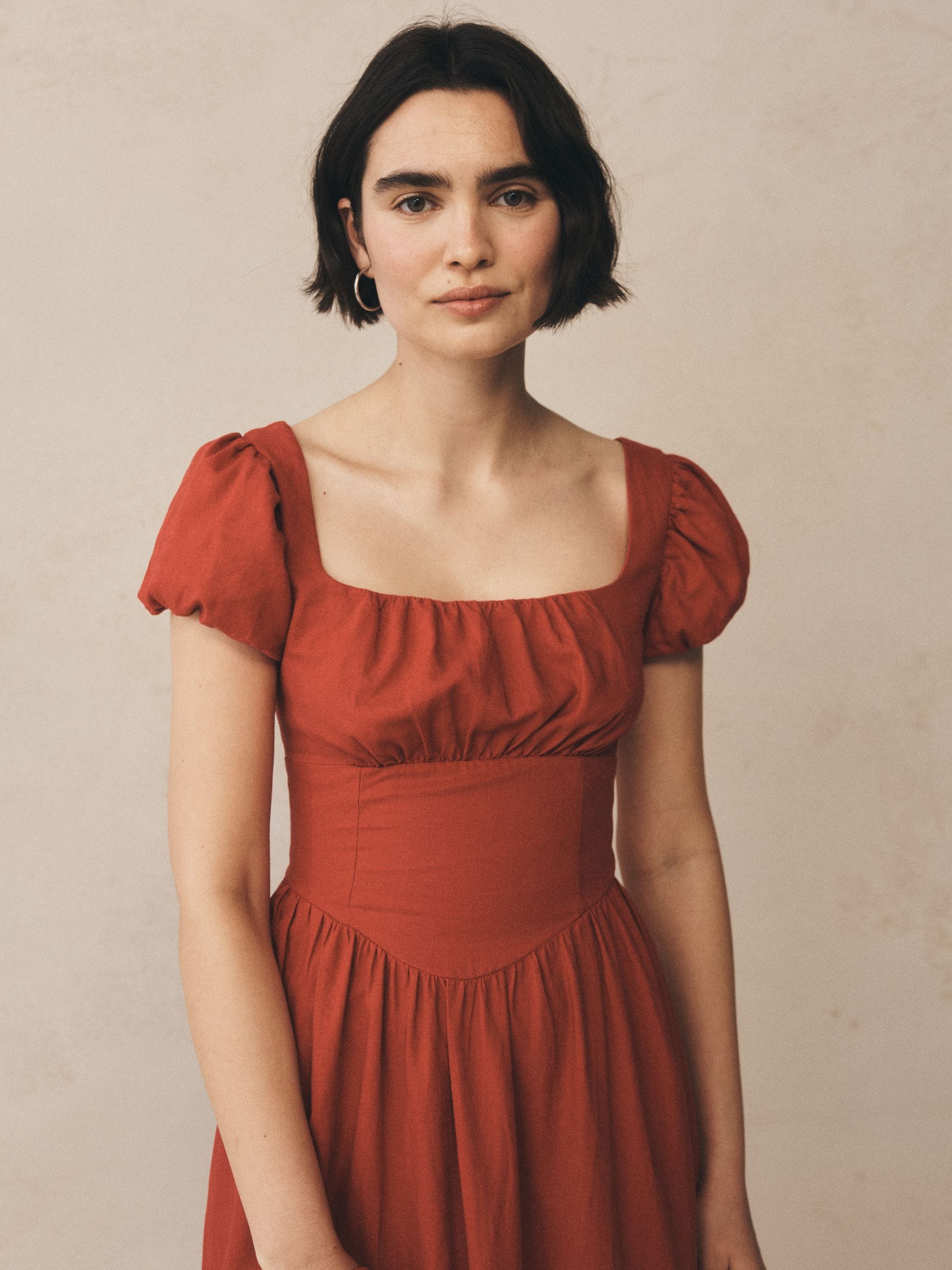 Buy Gap Red Linen Blend Puff Sleeve Drop-Waist Maxi Dress from