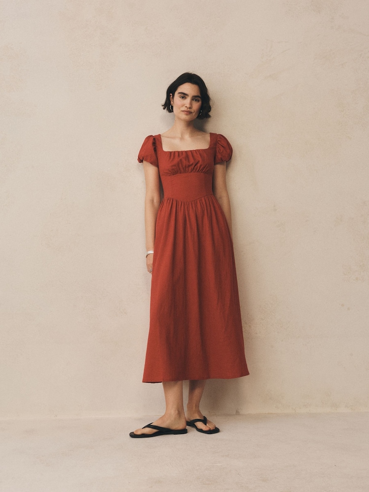 Gap Red Linen Blend Puff Sleeve Drop-Waist Maxi Dress - Image 5 of 5