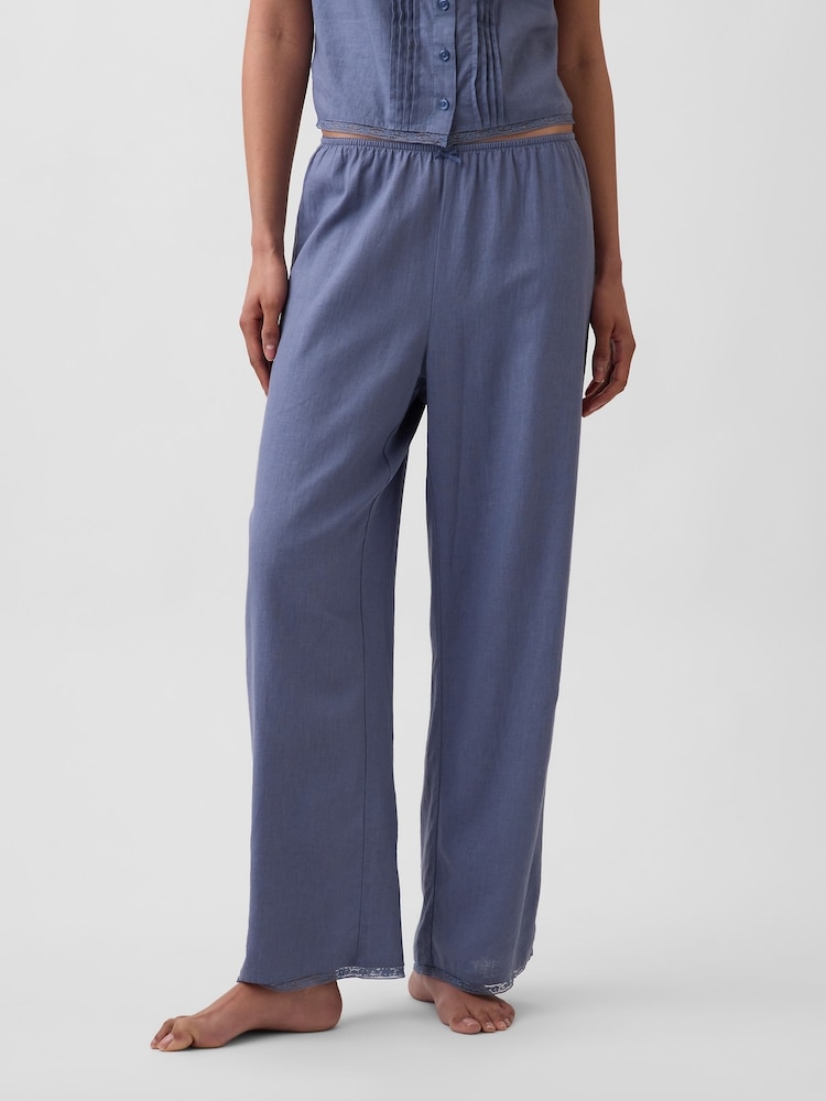 Gap Blue Linen-Blend Lace-Hem Pyjama Bottoms - Image 1 of 5 Gap Blue Linen-Blend Lace-Hem Pyjama Bottoms - Image 1 of 5