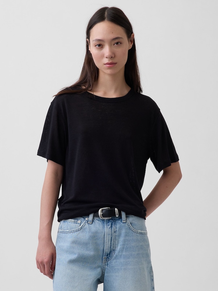 Gap Black Linen-Blend Relaxed T-Shirt - Image 1 of 4