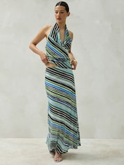 Blue/Green Stripe Sleeveless Mesh Halterneck Top - Image 2 of 8