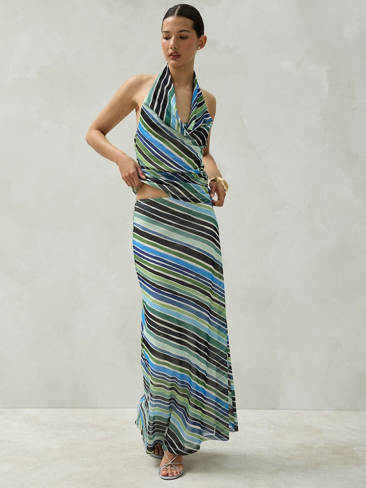 Blue/Green Stripe Sleeveless Mesh Halterneck Top - Image 2 of 8