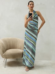 Blue/Green Stripe Sleeveless Mesh Halterneck Top - Image 3 of 8