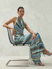 Blue/Green Stripe Sleeveless Mesh Halterneck Top - Image 5 of 8