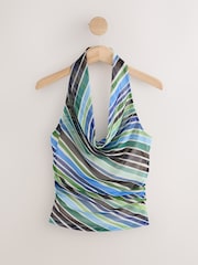 Blue/Green Stripe Sleeveless Mesh Halterneck Top - Image 6 of 8