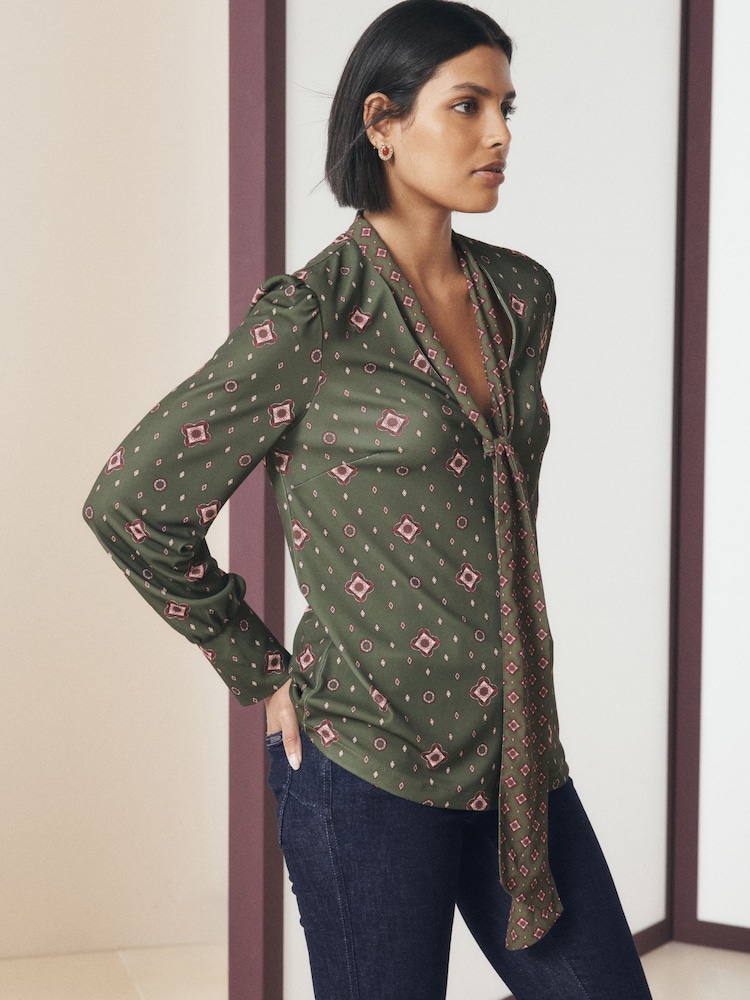 Green Print Long Sleeved Scarf V-Neck Blouse - Image 1 of 8