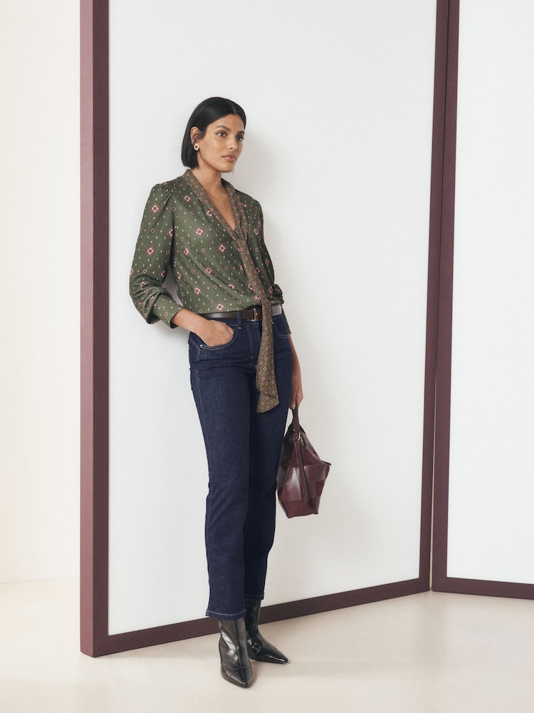 Green Print Long Sleeved Scarf V-Neck Blouse - Image 2 of 8