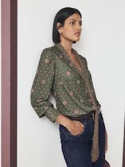 Green Print Long Sleeved Scarf V-Neck Blouse - Image 3 of 8