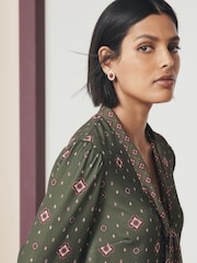 Green Print Long Sleeved Scarf V-Neck Blouse - Image 4 of 8