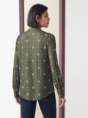 Green Print Long Sleeved Scarf V-Neck Blouse - Image 5 of 8