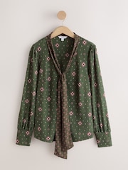 Green Print Long Sleeved Scarf V-Neck Blouse - Image 6 of 8